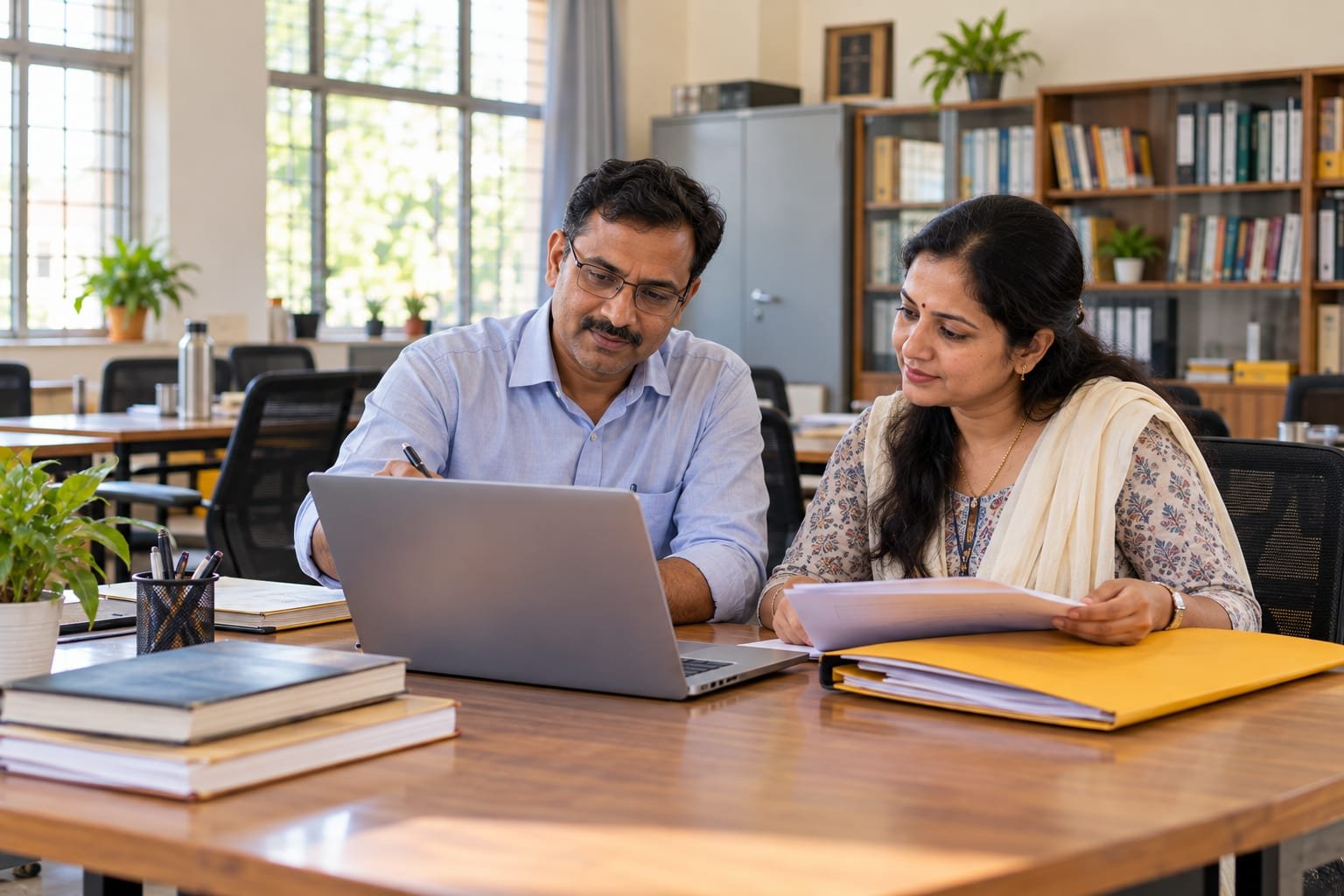 Two polytechnic faculty members reviewing documents and a laptop in a staff room