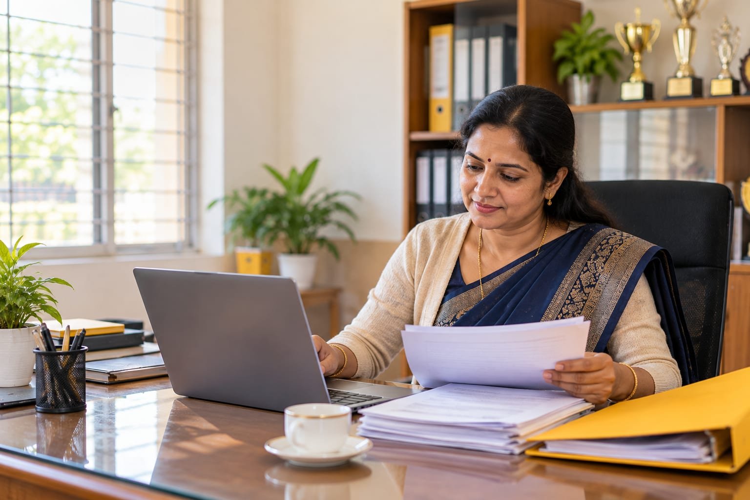 A school administrator checking documents against a laptop in a school office