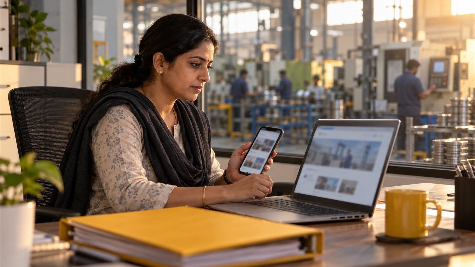 An Indian manufacturer at an office desk comparing a supplier listing on a phone with the company website on a laptop
