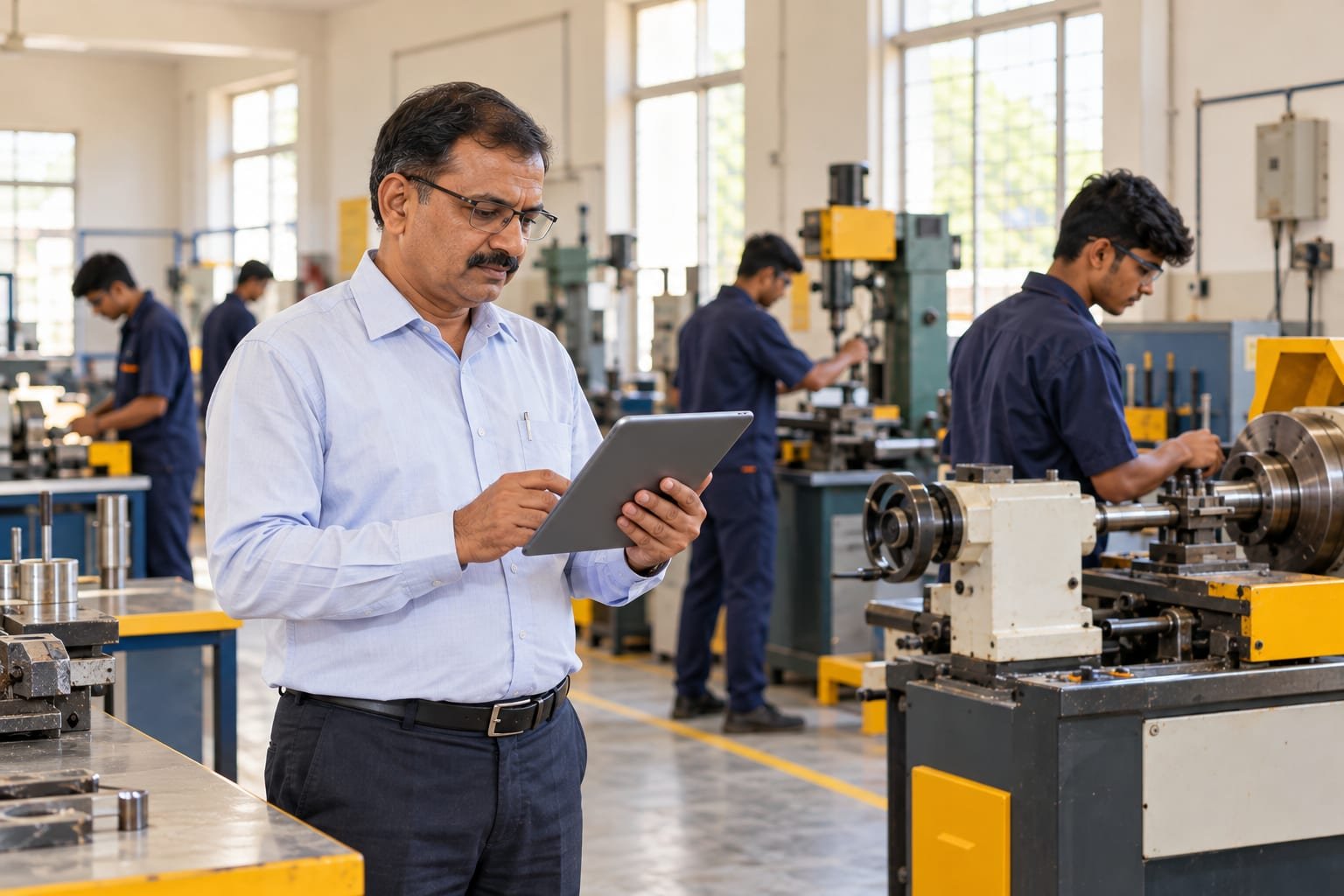 An ITI principal holding a tablet in a training workshop with students at machines behind him