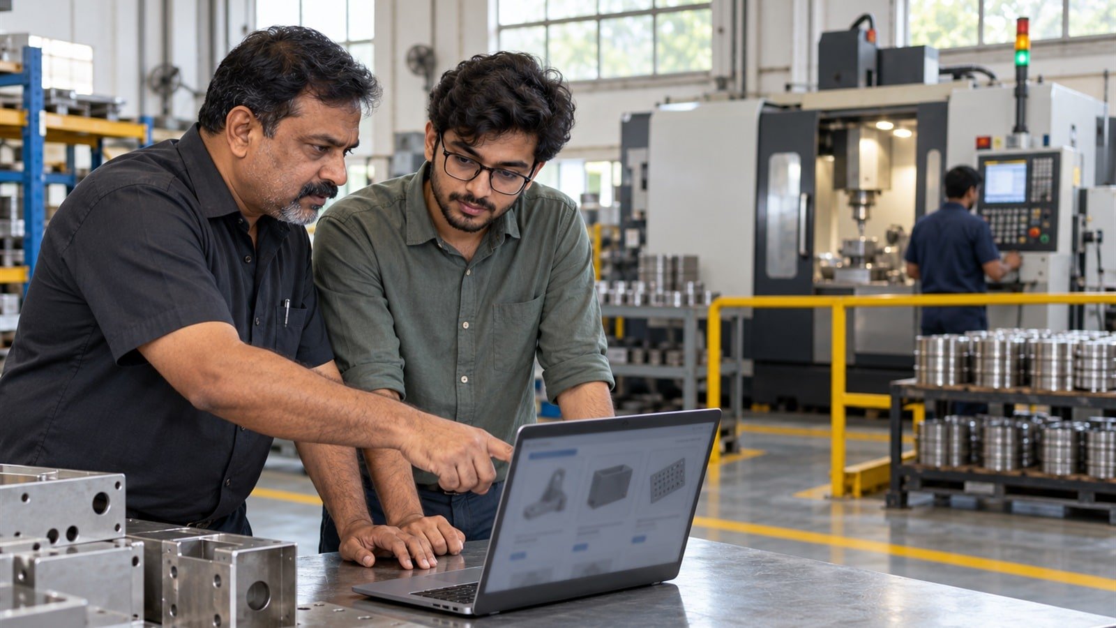 An Indian factory owner and a web designer reviewing product pages on a laptop beside machinery on a shop floor