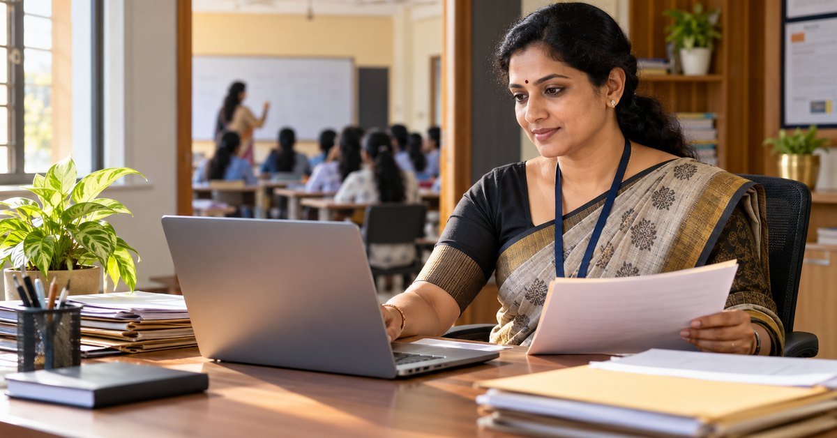 Teacher education administrator reviewing college documents at a laptop