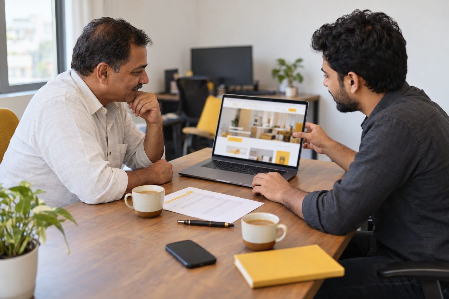 An Alwar business owner discussing a website quotation with a web designer at an office desk