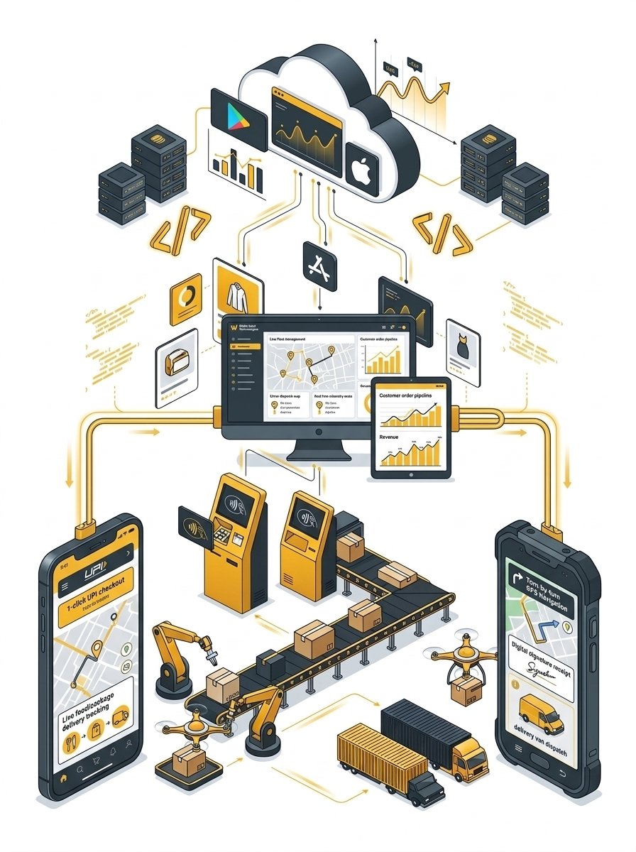 Multi-app mobile development architecture: admin dispatch console, customer ordering app, and driver GPS navigation illustration