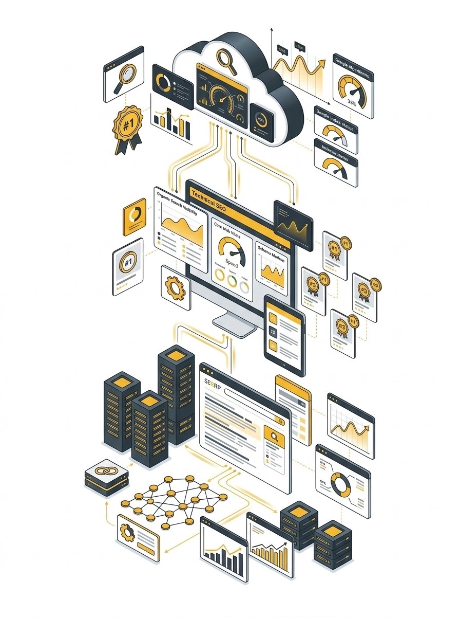 Search Engine Optimization technical architecture and ranking dashboard illustration