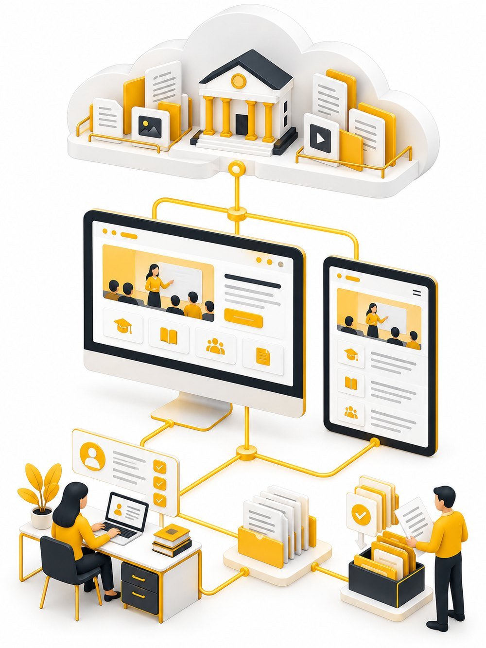 Illustration of a B.Ed college website linked to public documents and staff updates