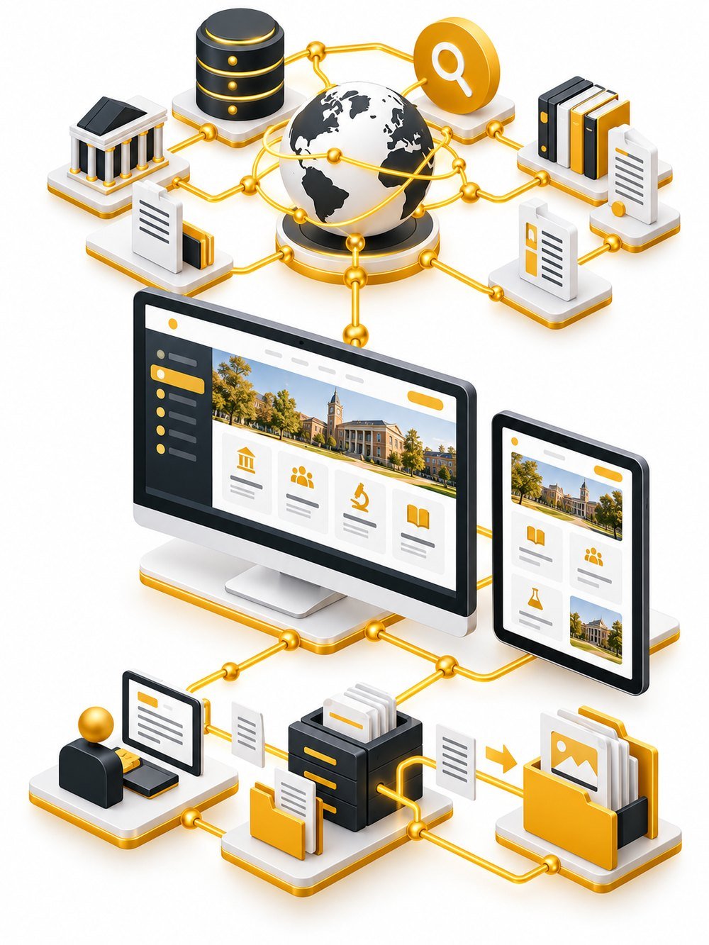 Illustration of a searchable college website connected to public documents and publishing tools