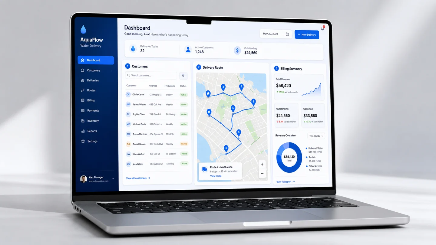 WaterQuest RO Water ERP Console Dashboard
